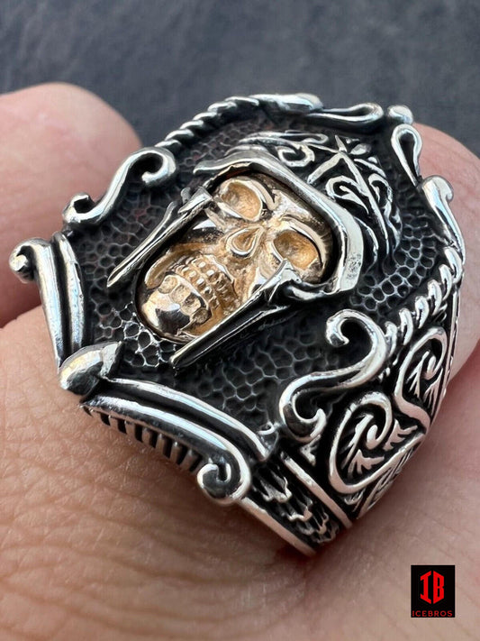 14K 925 Sterling Silver Viking Warrior Draugr Gladiator Skull Ring