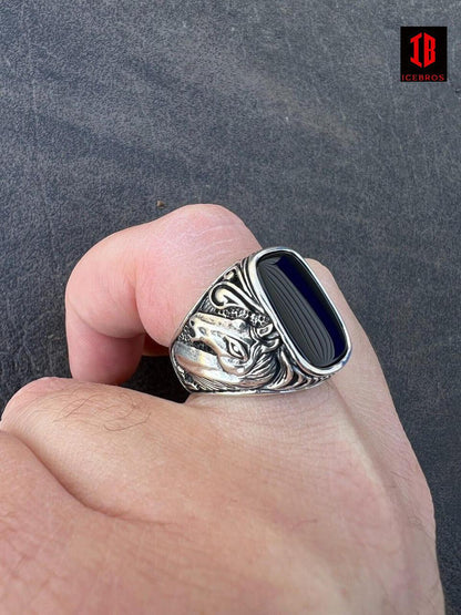 925 Sterling Silver Natural Black Onyx Gemstone Horse Design Ring