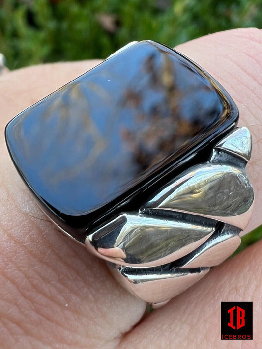 925 Sterling Silver Real Black Onyx Gemstone Miami Cuban Design Ring