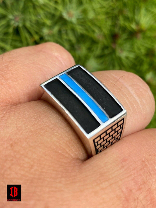 925 Sterling Silver Ring Blue Lives Matter Thin Enamel Blue Line Police Detective