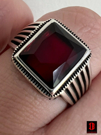 Real Solid 14k Gold Vermeil Over Solid 925 Silver Ruby Red Stone Ring Hip Hop Ice