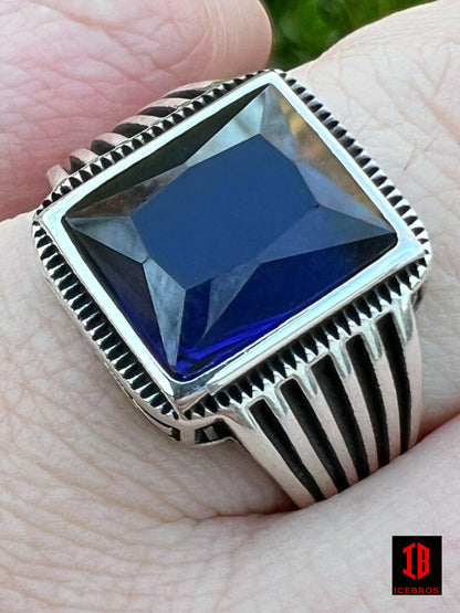 Men 925 Sterling Silver Dark Navy Vermeil Blue Sapphire Stone Ring