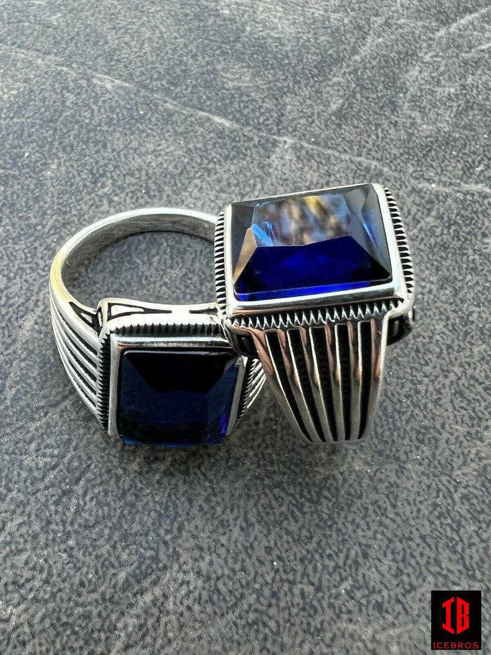 Men 925 Sterling Silver Dark Navy Vermeil Blue Sapphire Stone Ring