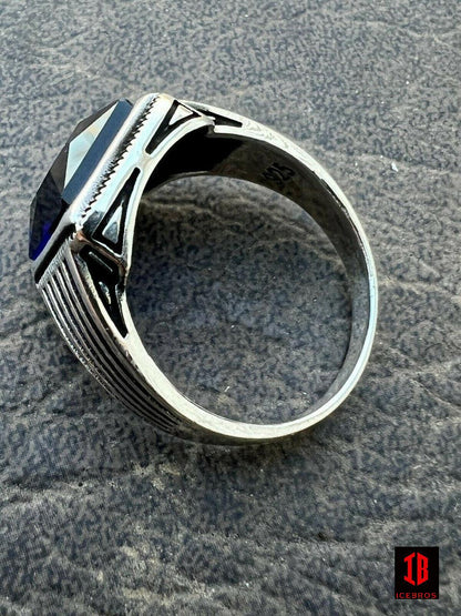 Men 925 Sterling Silver Dark Navy Vermeil Blue Sapphire Stone Ring