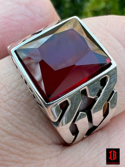 Ladies Men 925 Sterling Silver Red Ruby Gemstone Stone Ring