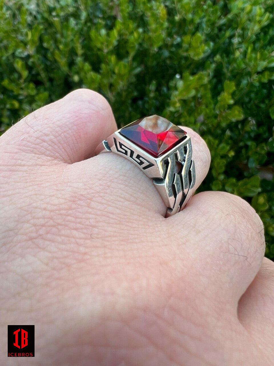 Ladies Men 925 Sterling Silver Red Ruby Gemstone Stone Ring