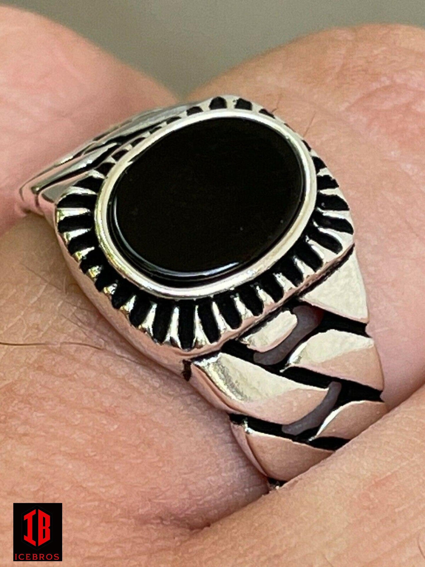 Black Rhodium 925 Sterling Silver Black Onyx Stone Ring Miami Cuban Linked Band