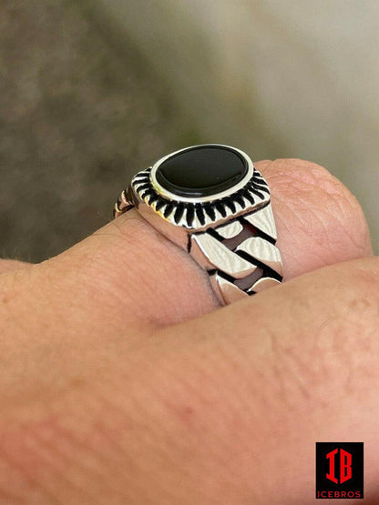 Black Rhodium 925 Sterling Silver Black Onyx Stone Ring Miami Cuban Linked Band