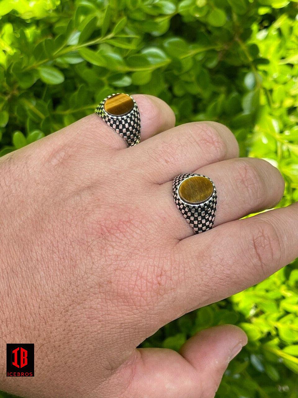 Men's Vermeil Rhodium 925 Sterling Silver Tiger Eye Stone Ring Pinky