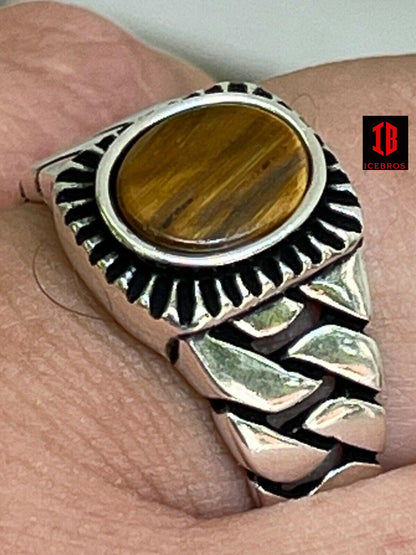 925 Sterling Silver Tiger's Eye Ring Miami Curb Style Cuban Link Band