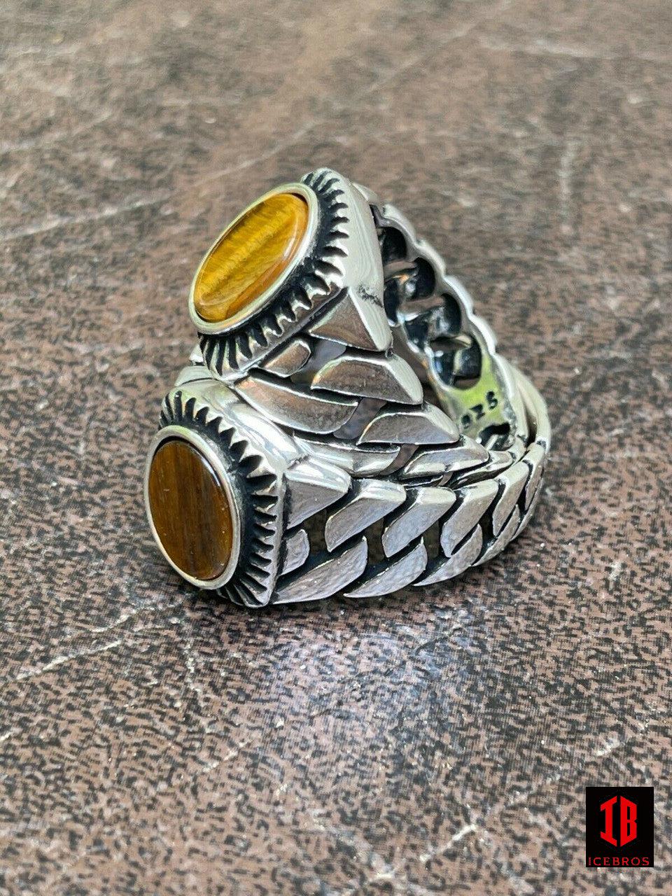 925 Sterling Silver Tiger's Eye Ring Miami Curb Style Cuban Link Band