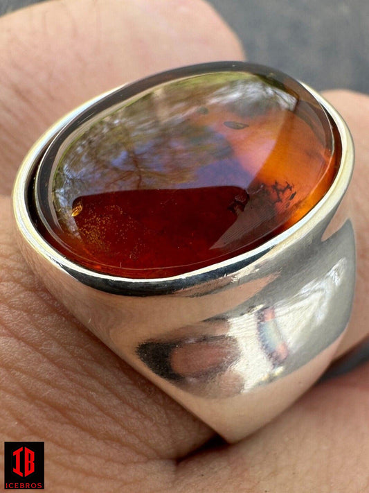 Big Vermeil Baltic Amber Stone Unisex 925 Sterling Silver Signet Ring