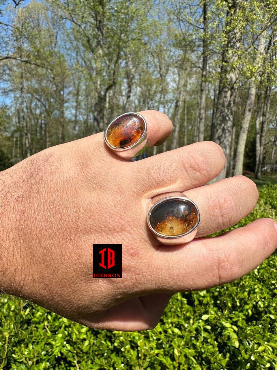 Big Vermeil Baltic Amber Stone Unisex 925 Sterling Silver Signet Ring