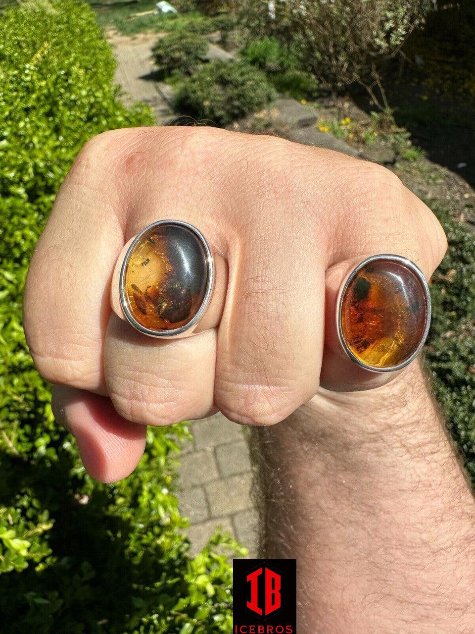 Big Vermeil Baltic Amber Stone Unisex 925 Sterling Silver Signet Ring