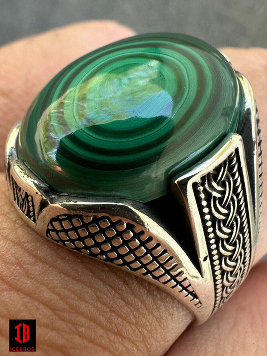 Big Green Malachite Gem Planet Solid 925 Sterling Silver Signet Ring