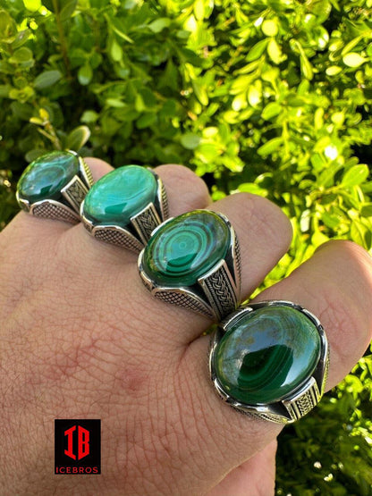 Big Green Malachite Gem Planet Solid 925 Sterling Silver Signet Ring