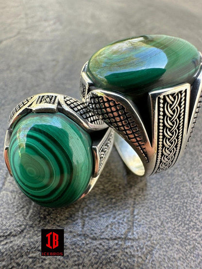 Big Green Malachite Gem Planet Solid 925 Sterling Silver Signet Ring