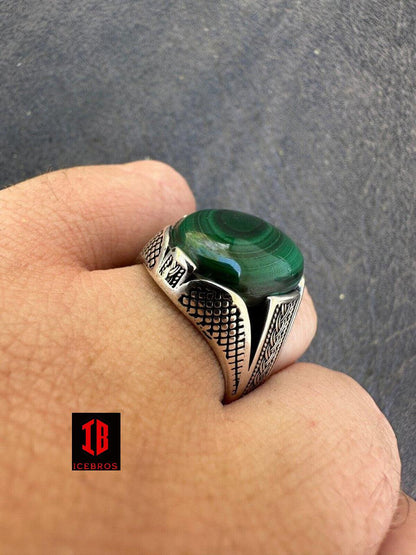 Big Green Malachite Gem Planet Solid 925 Sterling Silver Signet Ring