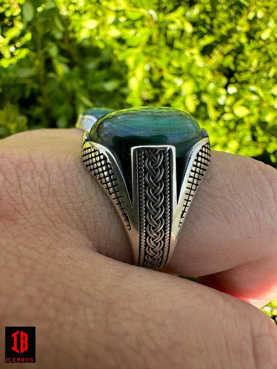 Big Green Malachite Gem Planet Solid 925 Sterling Silver Signet Ring