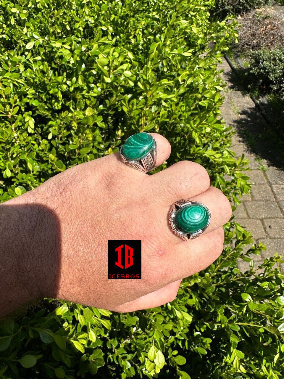 Big Green Malachite Gem Planet Solid 925 Sterling Silver Signet Ring