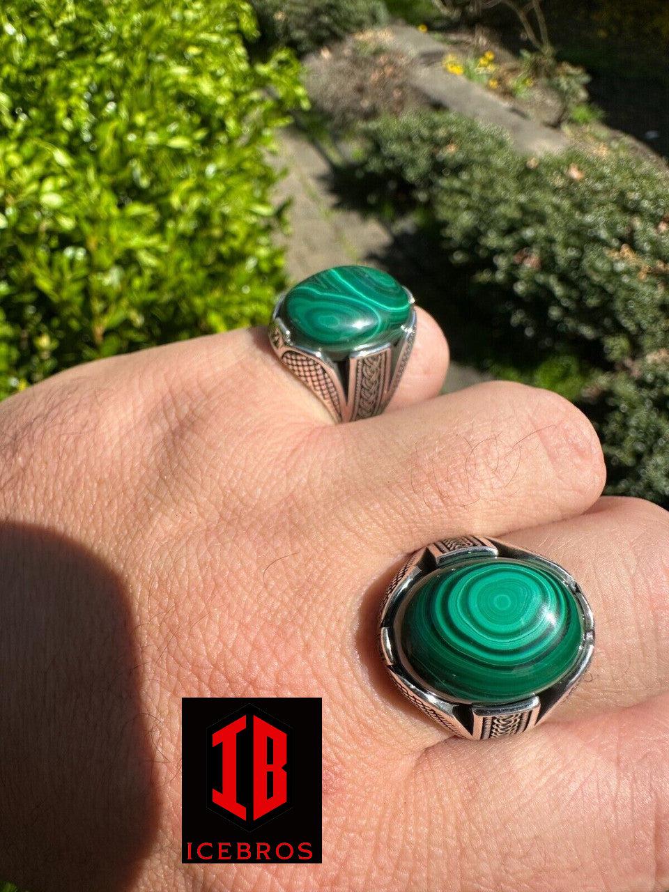 Big Green Malachite Gem Planet Solid 925 Sterling Silver Signet Ring