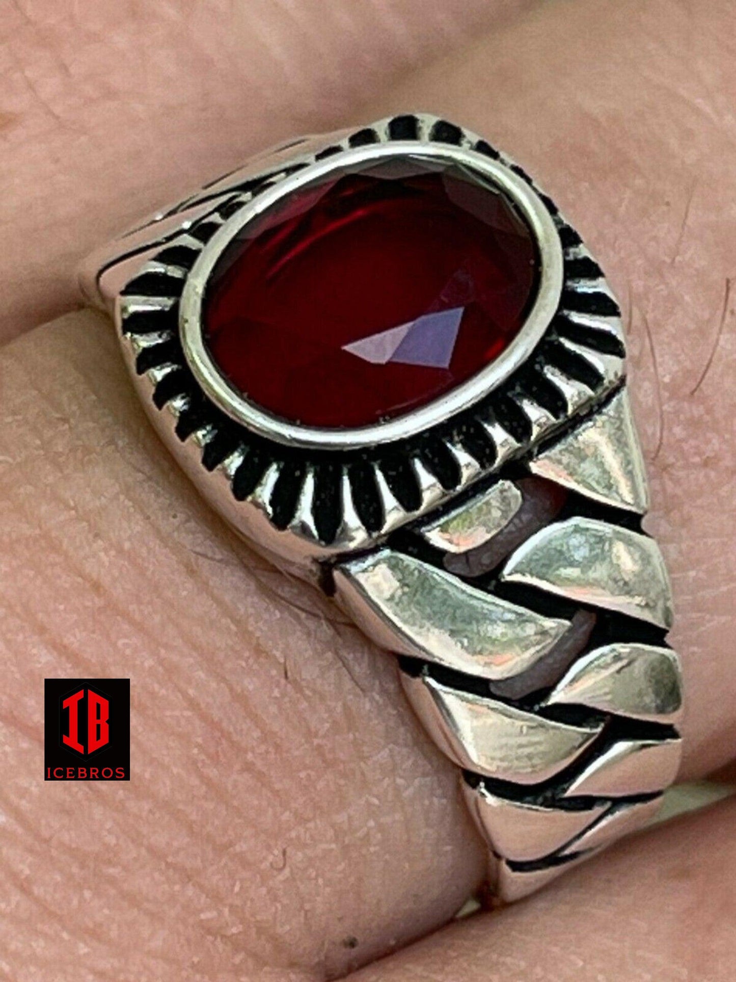 925 Sterling Silver Ruby Red Stone Ring Miami Vintage Cuban Link Band