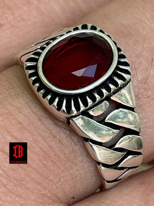 925 Sterling Silver Ruby Red Stone Ring Miami Vintage Cuban Link Band