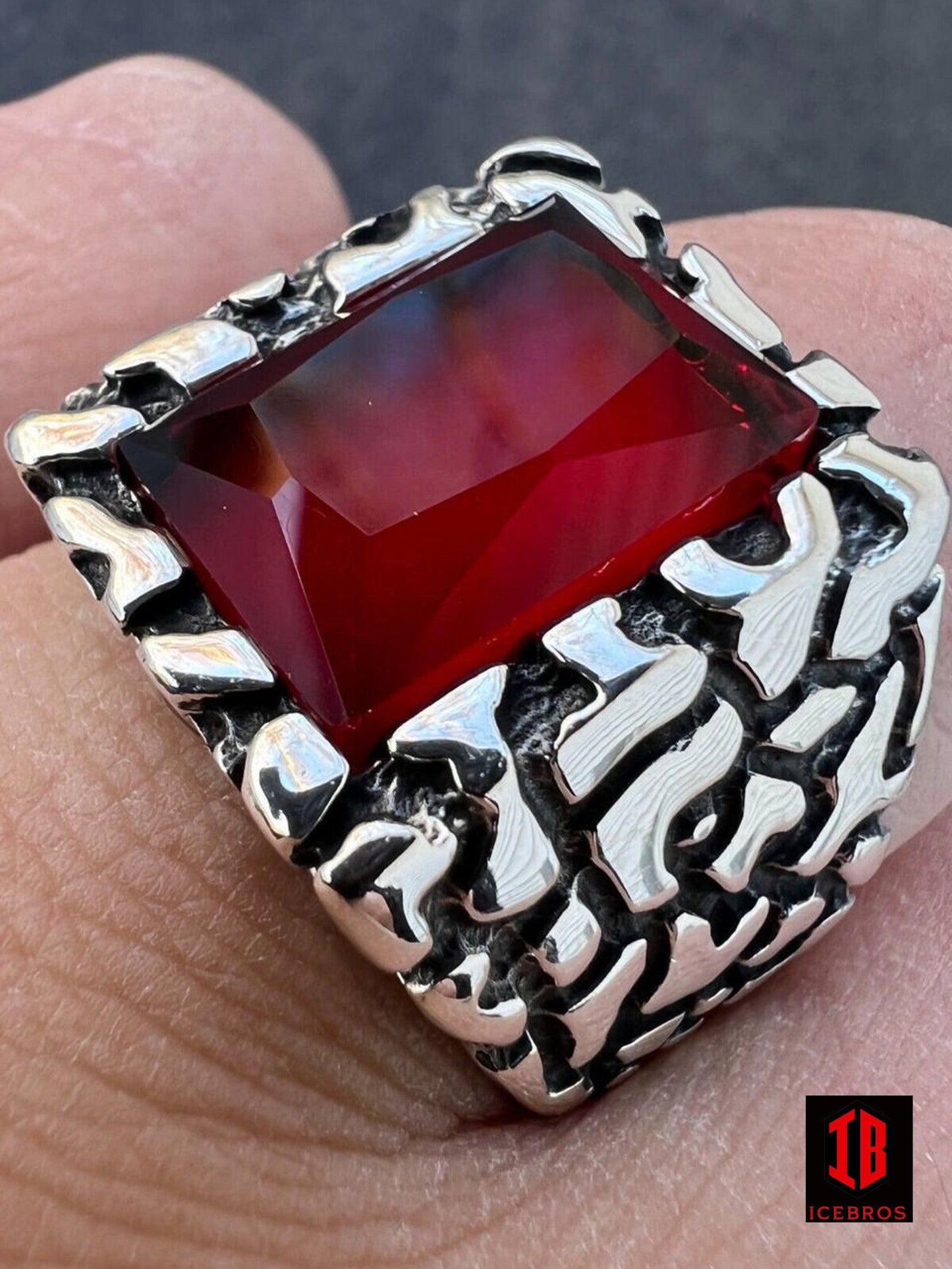 925 Sterling Silver Iced Simulated Big Red Ruby Nugget Large Ring