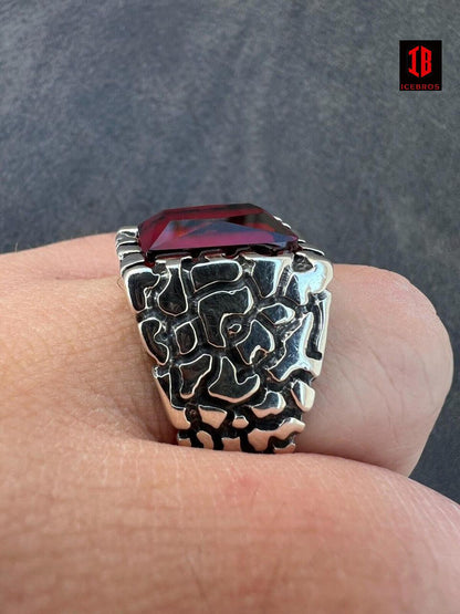 925 Sterling Silver Iced Simulated Big Red Ruby Nugget Large Ring