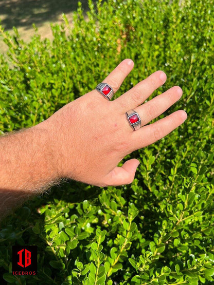 Men's Plain Real 925 Sterling Silver Blue & Red Ruby Sapphire Stone