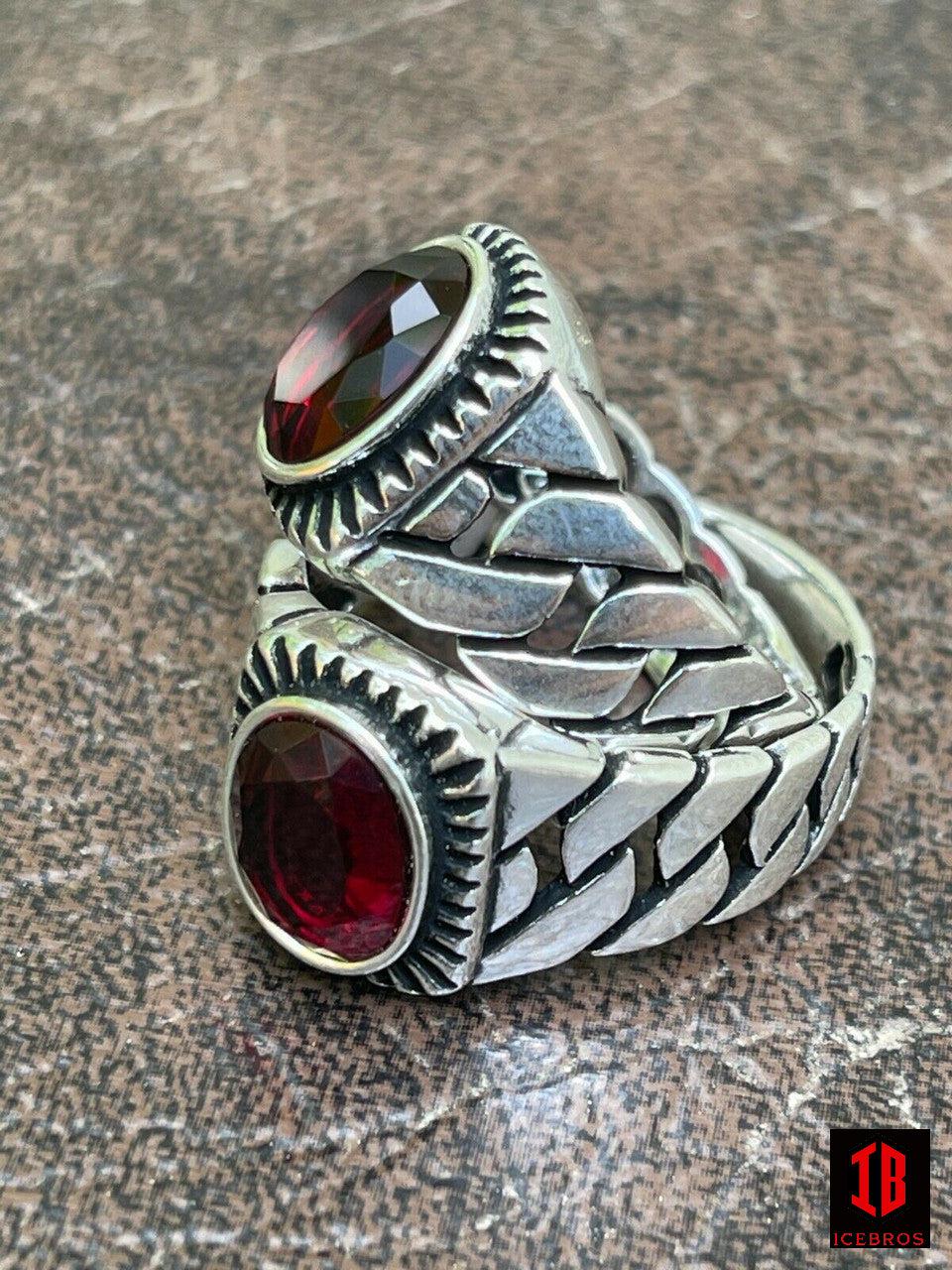 925 Sterling Silver Ruby Red Stone Ring Miami Vintage Cuban Link Band