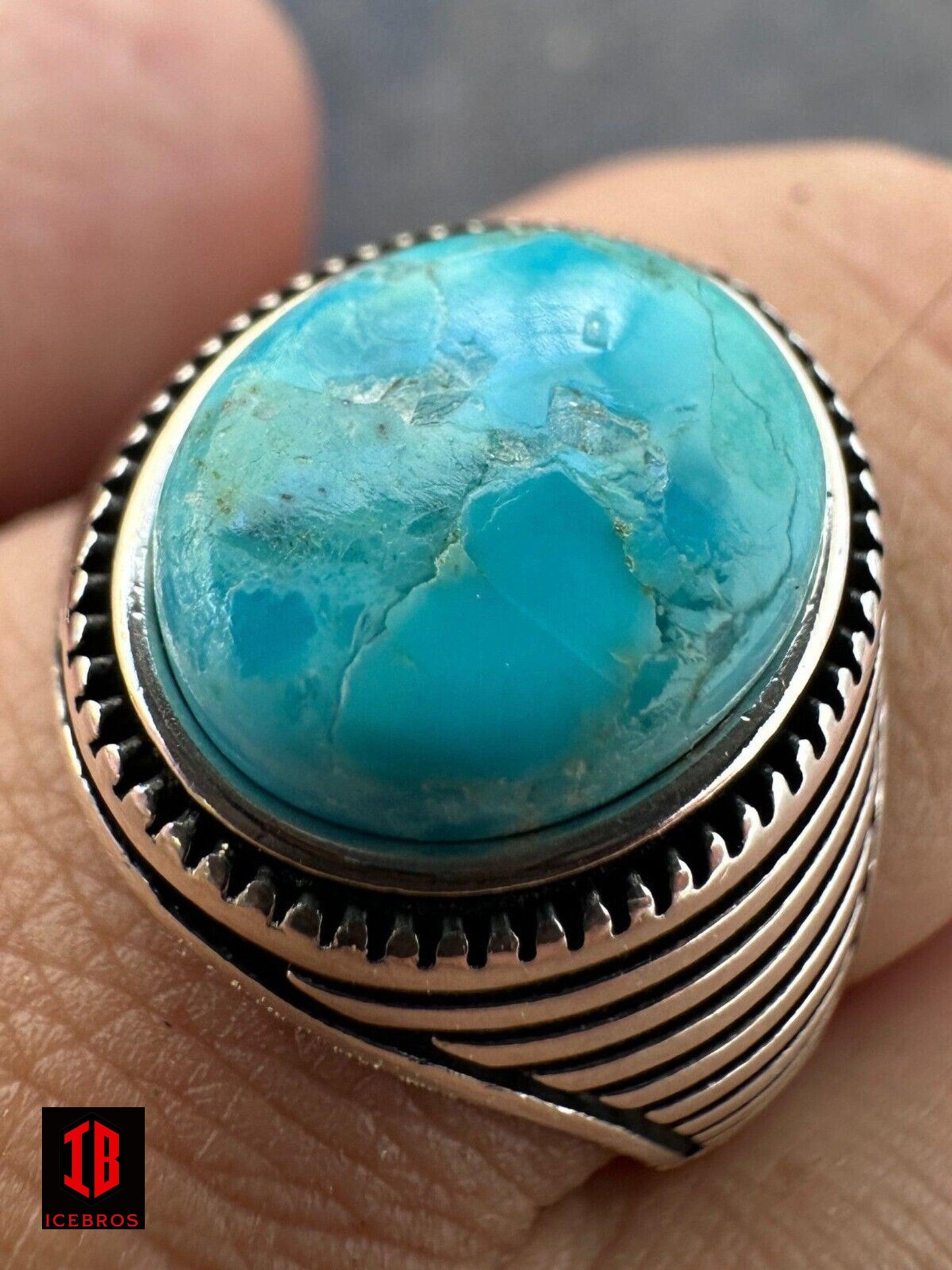 Blue Turquoise Gemstone Men's Vermeil 925 Sterling Silver Signet Ring