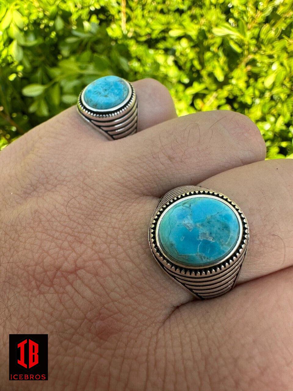 Blue Turquoise Gemstone Men's Vermeil 925 Sterling Silver Signet Ring