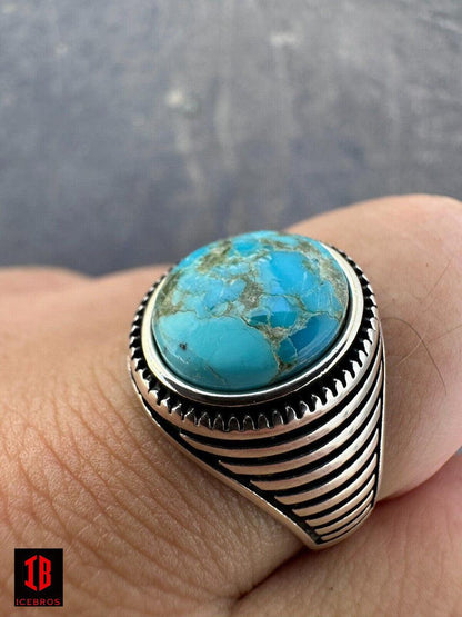 Blue Turquoise Gemstone Men's Vermeil 925 Sterling Silver Signet Ring