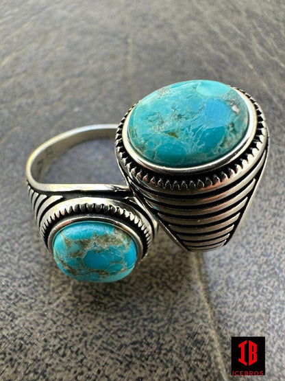 Blue Turquoise Gemstone Men's Vermeil 925 Sterling Silver Signet Ring