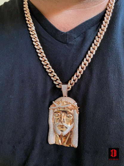 14k Rose Gold Vermeil White 925 Silver Hip Hop Jesus Piece Pendant Iced Men Necklace