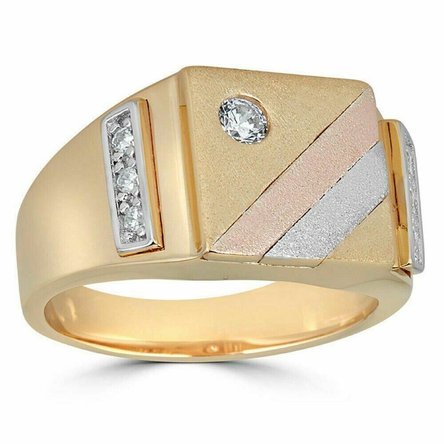 Men's Tri-Color 14k Yellow, Rose Gold, & 925 Silver Real Icy Ring Size 7-13 Pinky (CZ)