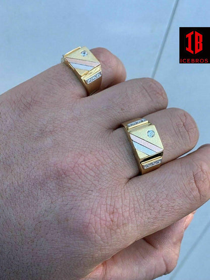 Men's Tri-Color 14k Yellow, Rose Gold, & 925 Silver Real Icy Ring Size 7-13 Pinky (CZ)