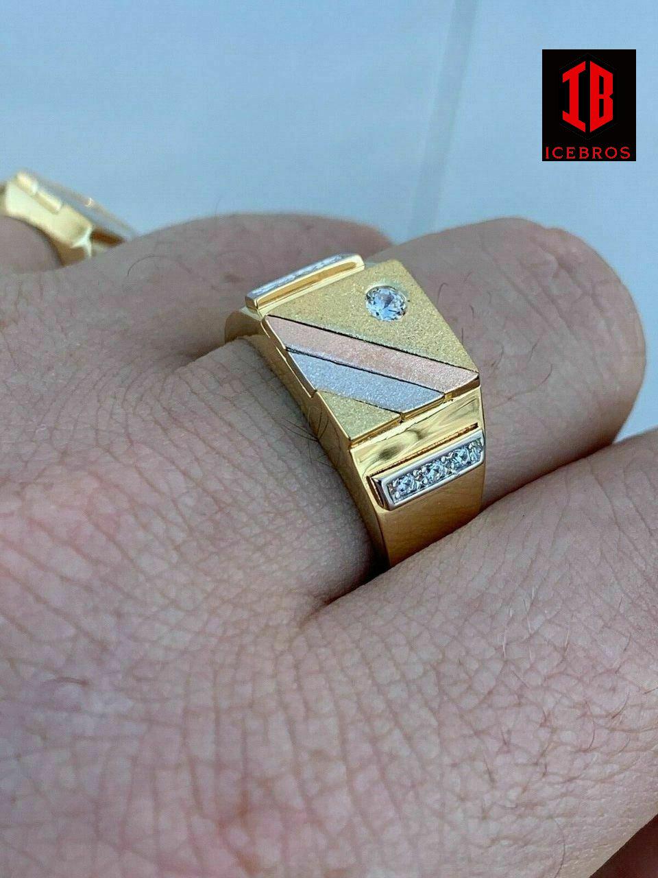 Men's Tri-Color 14k Yellow, Rose Gold, & 925 Silver Real Icy Ring Size 7-13 Pinky (CZ)