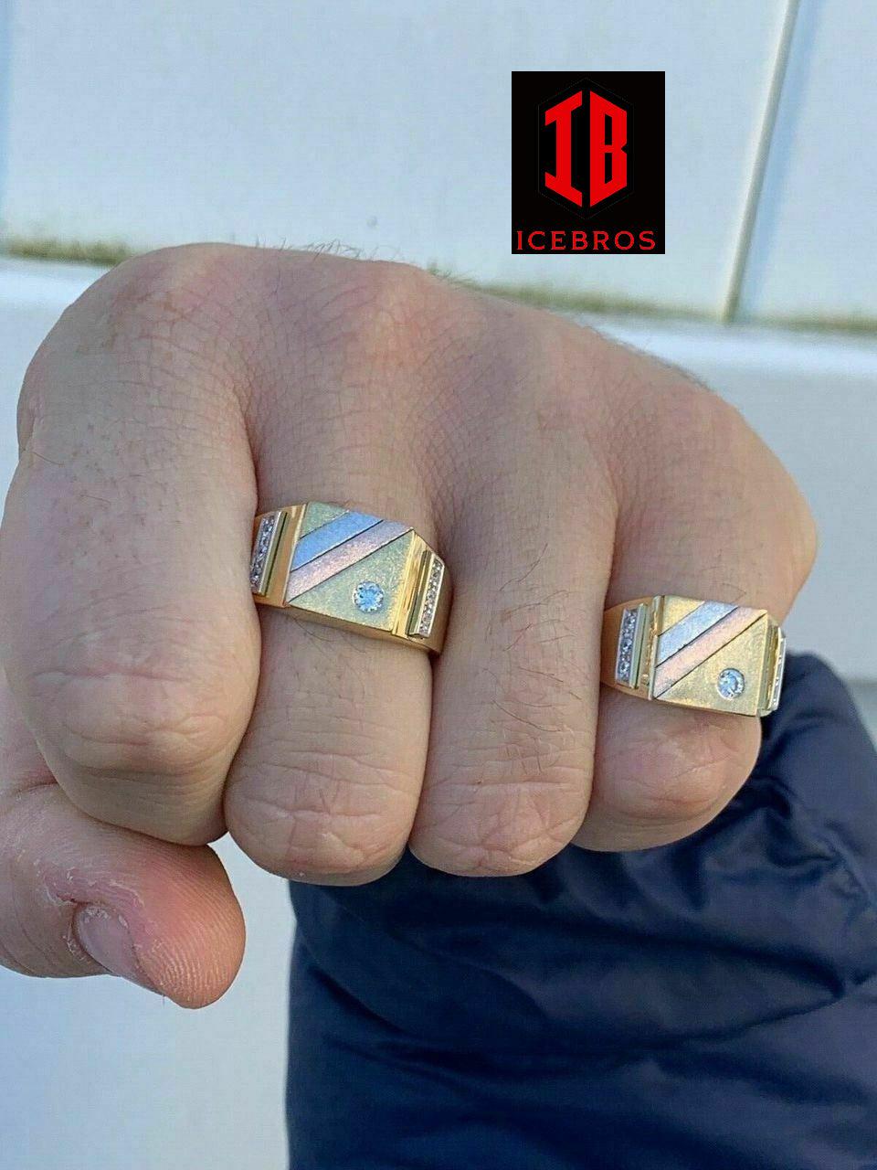 Men's Tri-Color 14k Yellow, Rose Gold, & 925 Silver Real Icy Ring Size 7-13 Pinky (CZ)