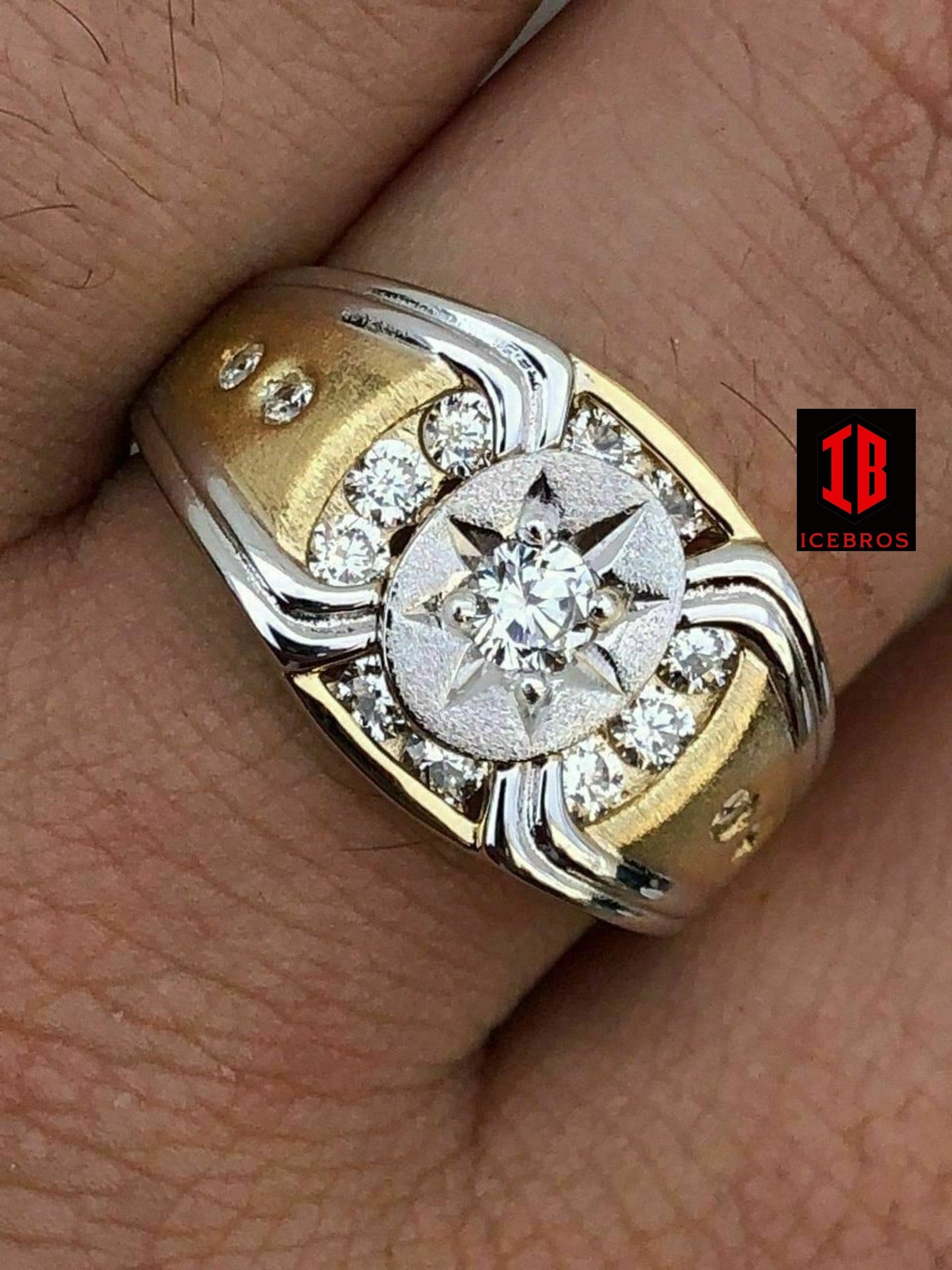 Men 14k Gold & Real Solid 925 Silver Super Iced Star Ring Size Man Made Diamond (CZ)