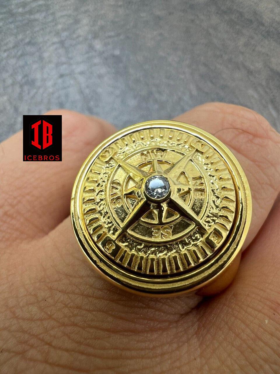 Men's Real 14K Gold Plated 925 Silver Sailor Navigational North Star Compass Ring (CZ)