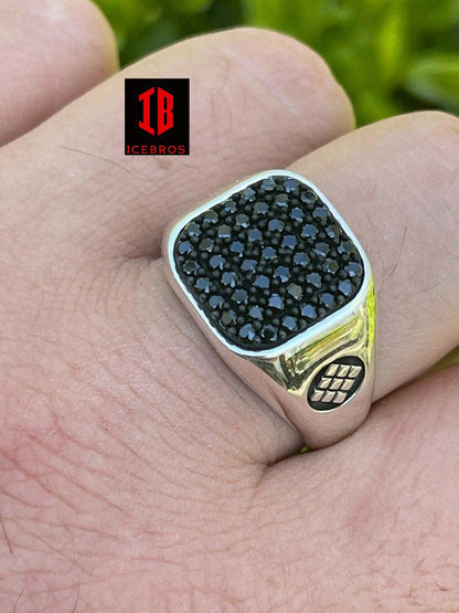 Men's Real Solid 925 Sterling Silver & 14k Gold Ring Iced Black Diamond Size Square (CZ)