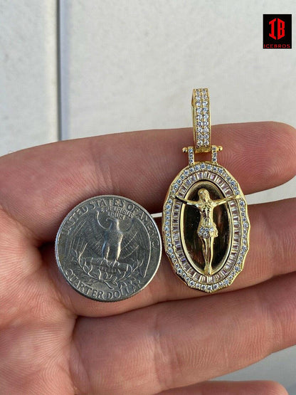 925 Sterling Silver Round Jesus Piece Charm Pendant Iced Baguette Medallion