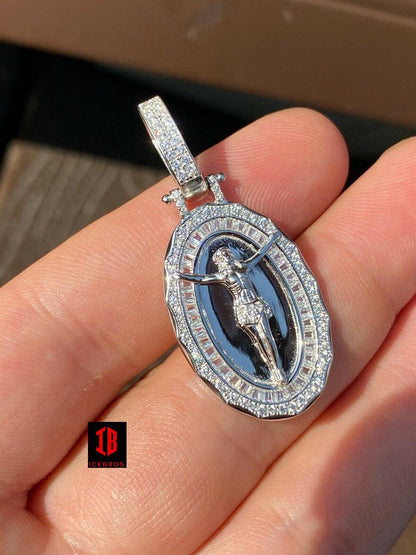 925 Sterling Silver Round Jesus Piece Charm Pendant Iced Baguette Medallion