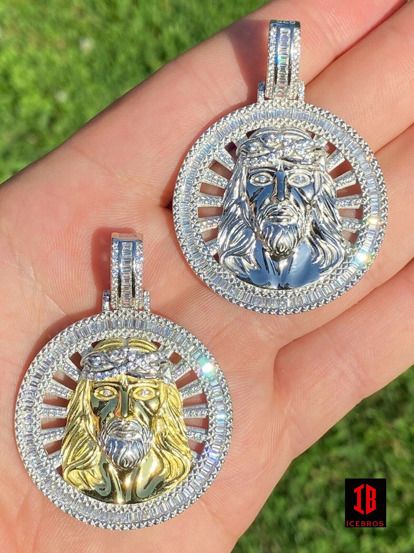 925 Sterling Silver Round 3D Jesus Piece Necklace Pendant Iced Large Baguette Medallion