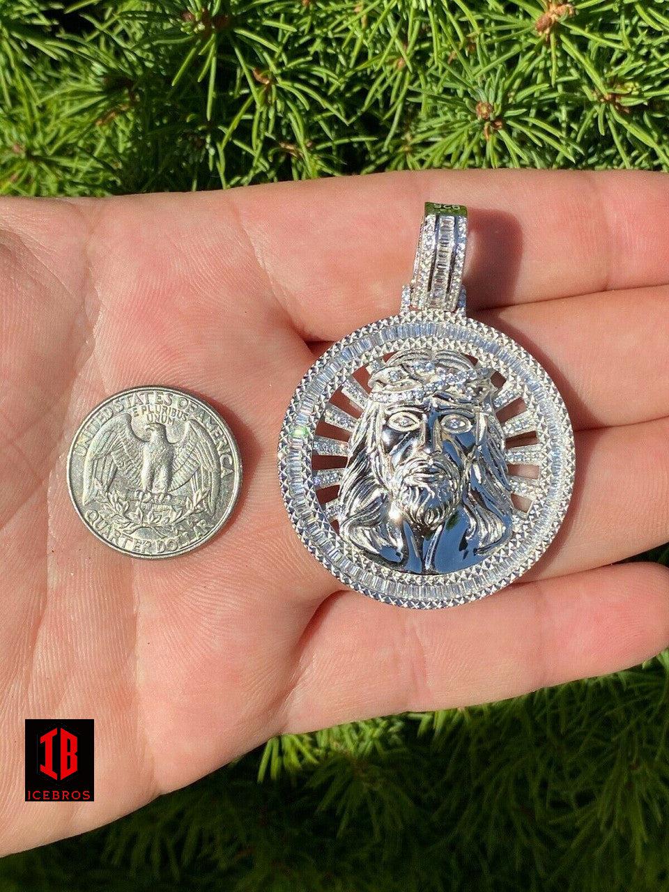 925 Sterling Silver Round 3D Jesus Piece Necklace Pendant Iced Large Baguette Medallion