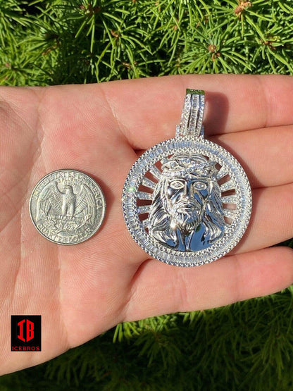 925 Sterling Silver Round 3D Jesus Piece Necklace Pendant Iced Large Baguette Medallion