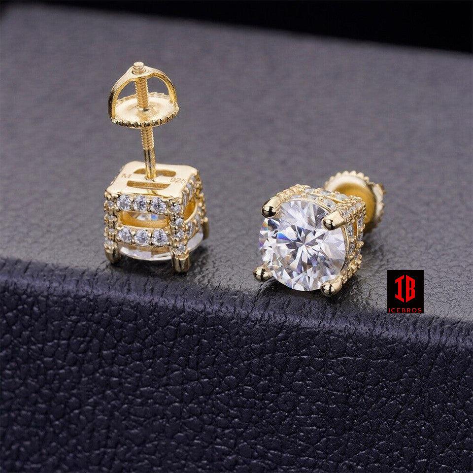 White Moissanite 3D Round Cut Iced Prong Solitaire Stud Gold Earrings 3- Sizes