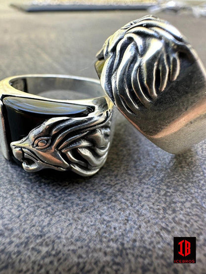 925 Sterling Silver Natural Black Enamel Rhodium Howling Wolf Signet Dog Ring